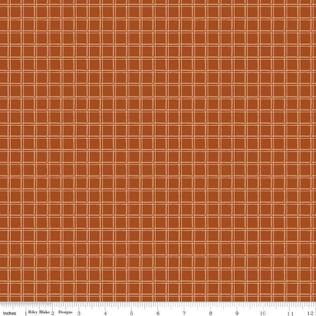 Image of Worth Repeating Plaid Rust quilting cotton fabric by Sandy Gervais for Riley Blake Designs. Features checks on an orange background. Cute Little Fabric Shop.