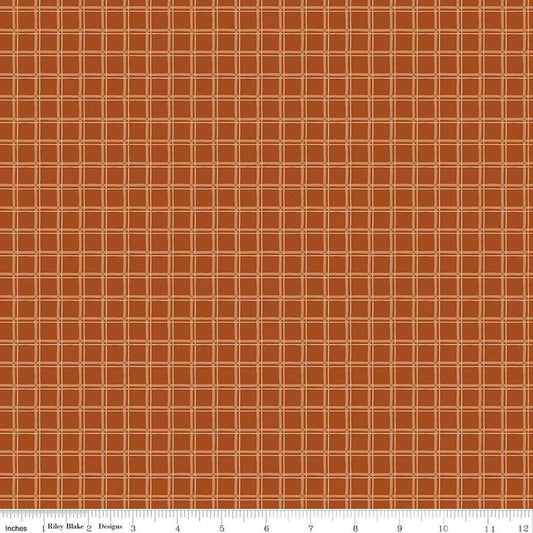 Image of Worth Repeating Plaid Rust quilting cotton fabric by Sandy Gervais for Riley Blake Designs. Features checks on an orange background. Cute Little Fabric Shop.