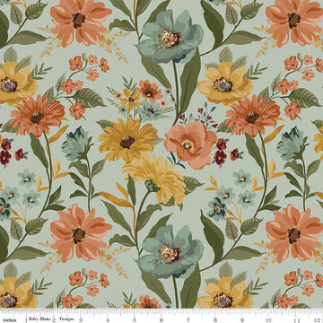 Image of Worth Repeating Main Laurel quilting cotton fabric by Sandy Gervais for Riley Blake Designs. Features flowers on a blue background. Cute Little Fabric Shop.