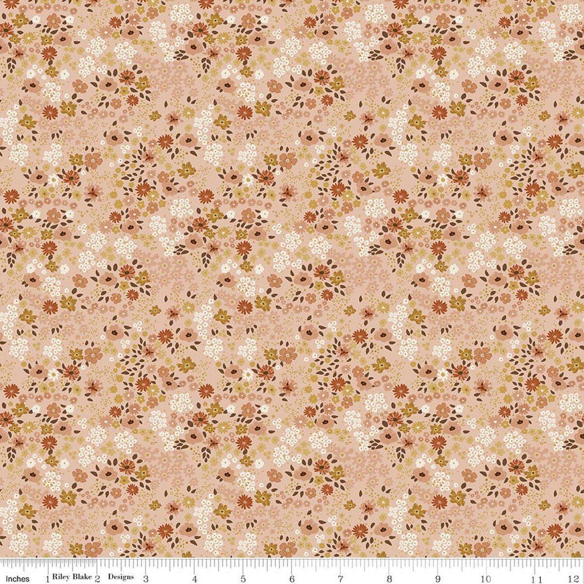 Image of Worth Repeating Flower Garden Blush quilting cotton fabric by Sandy Gervais for Riley Blake Designs. Features flowers on a pink background. Cute Little Fabric Shop.