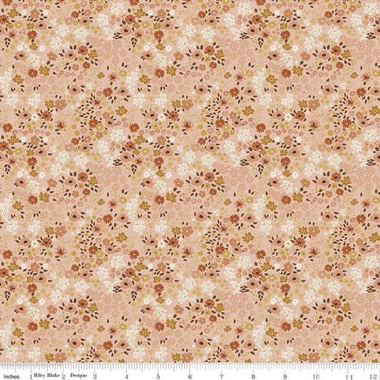 Image of Worth Repeating Flower Garden Blush quilting cotton fabric by Sandy Gervais for Riley Blake Designs. Features flowers on a pink background. Cute Little Fabric Shop.