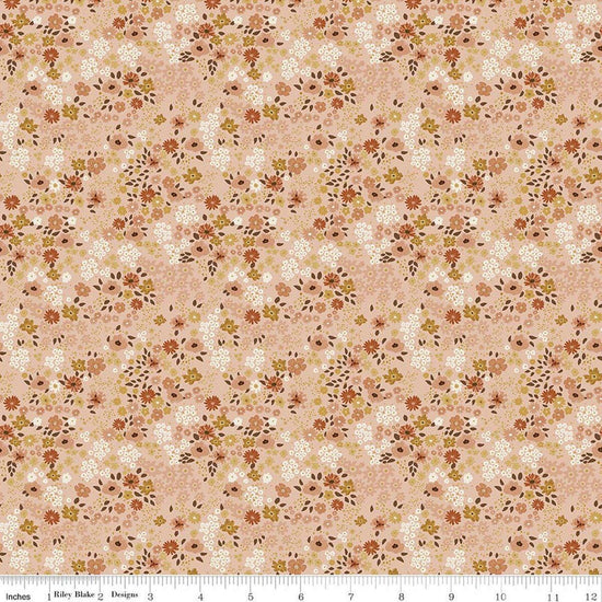 Image of Worth Repeating Flower Garden Blush quilting cotton fabric by Sandy Gervais for Riley Blake Designs. Features flowers on a pink background. Cute Little Fabric Shop.