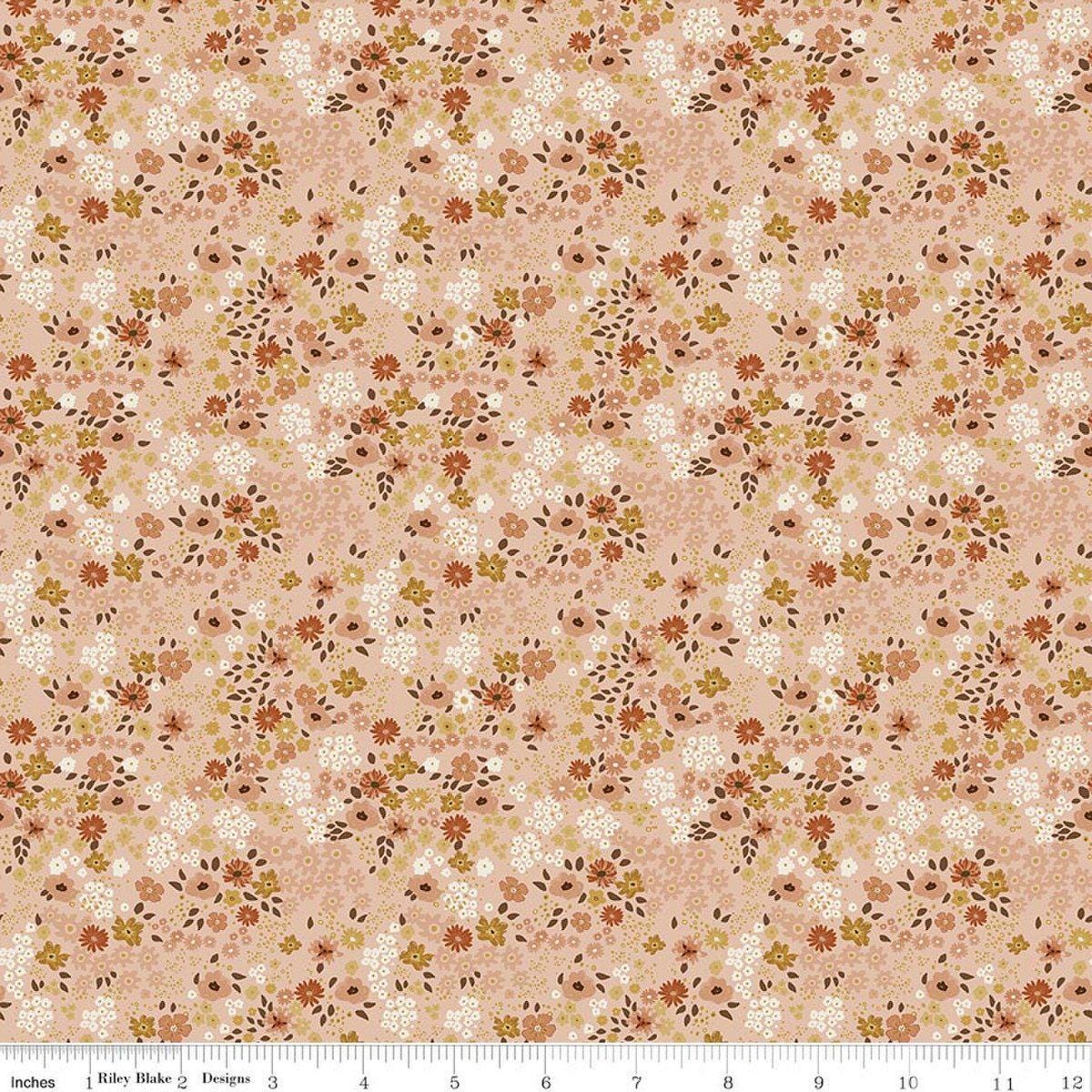 Image of Worth Repeating Flower Garden Blush quilting cotton fabric by Sandy Gervais for Riley Blake Designs. Features flowers on a pink background. Cute Little Fabric Shop.