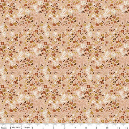 Image of Worth Repeating Flower Garden Blush quilting cotton fabric by Sandy Gervais for Riley Blake Designs. Features flowers on a pink background. Cute Little Fabric Shop.
