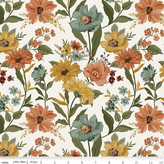 Image of Worth Repeating Main Cloud quilting cotton fabric by Sandy Gervais for Riley Blake Designs. Features flowers on a white background. Cute Little Fabric Shop.