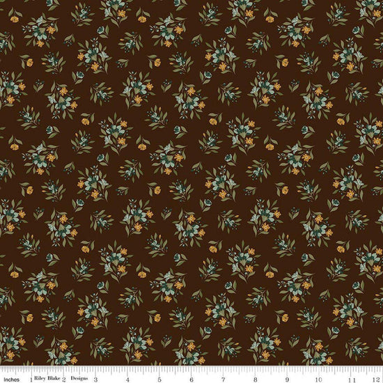 Image of Worth Repeating Floral Coffee quilting cotton fabric by Sandy Gervais for Riley Blake Designs. Features flowers on a brown background. Cute Little Fabric Shop.