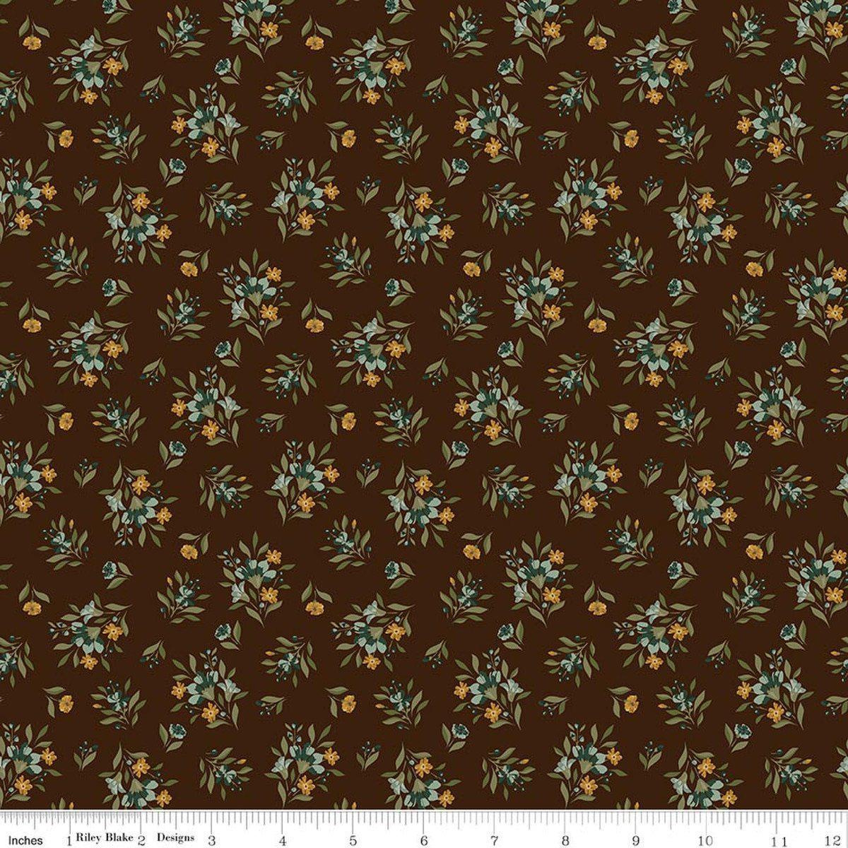 Image of Worth Repeating Floral Coffee quilting cotton fabric by Sandy Gervais for Riley Blake Designs. Features flowers on a brown background. Cute Little Fabric Shop.