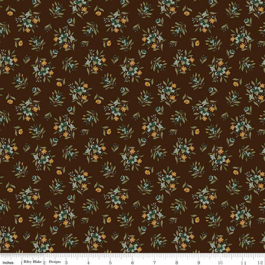 Image of Worth Repeating Floral Coffee quilting cotton fabric by Sandy Gervais for Riley Blake Designs. Features flowers on a brown background. Cute Little Fabric Shop.