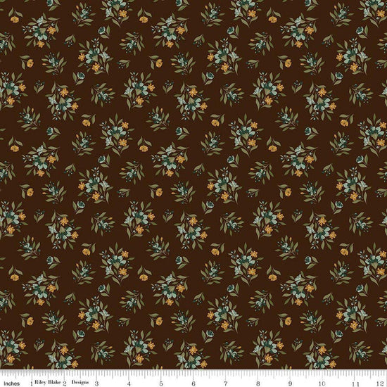Image of Worth Repeating Floral Coffee quilting cotton fabric by Sandy Gervais for Riley Blake Designs. Features flowers on a brown background. Cute Little Fabric Shop.