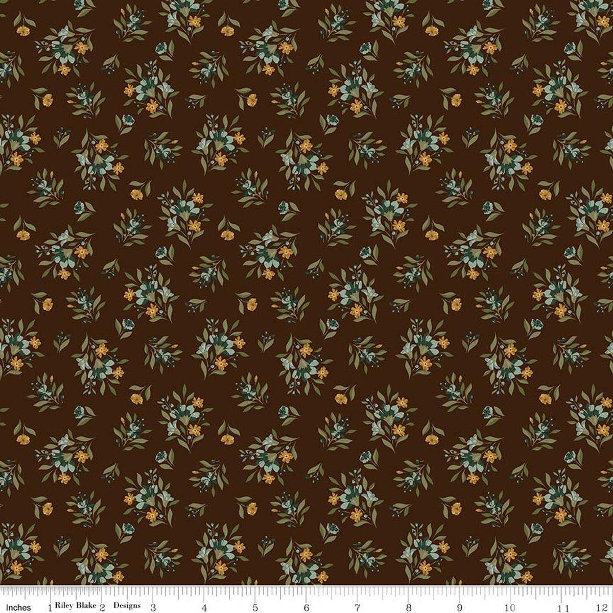 Image of Worth Repeating Floral Coffee quilting cotton fabric by Sandy Gervais for Riley Blake Designs. Features flowers on a brown background. Cute Little Fabric Shop.