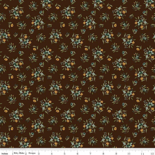 Image of Worth Repeating Floral Coffee quilting cotton fabric by Sandy Gervais for Riley Blake Designs. Features flowers on a brown background. Cute Little Fabric Shop.