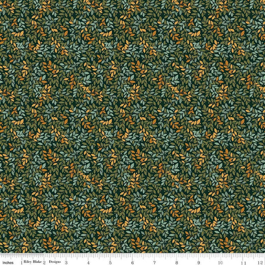 Image of Worth Repeating Leaves Dark Green quilting cotton fabric by Sandy Gervais for Riley Blake Designs. Features leaves on a green background. Cute Little Fabric Shop.