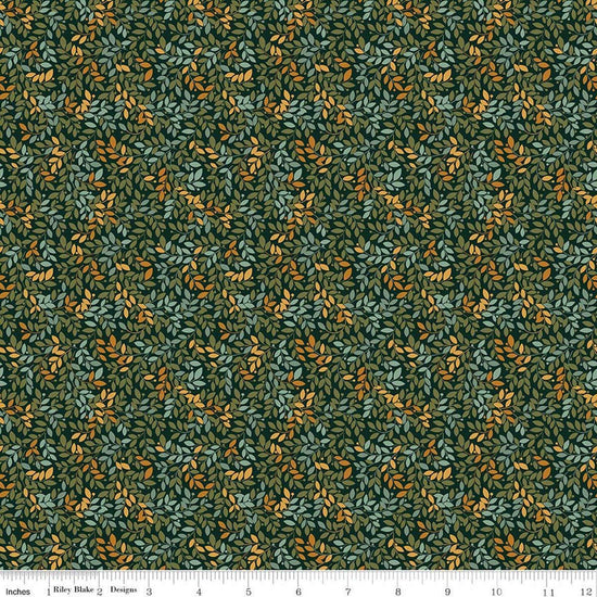Image of Worth Repeating Leaves Dark Green quilting cotton fabric by Sandy Gervais for Riley Blake Designs. Features leaves on a green background. Cute Little Fabric Shop.