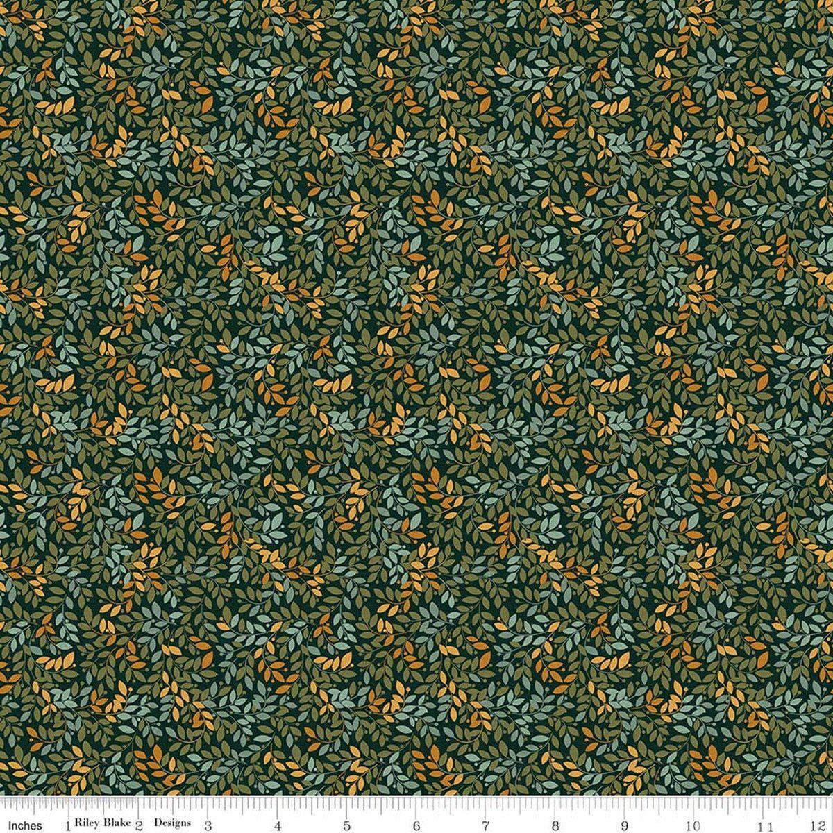 Image of Worth Repeating Leaves Dark Green quilting cotton fabric by Sandy Gervais for Riley Blake Designs. Features leaves on a green background. Cute Little Fabric Shop.