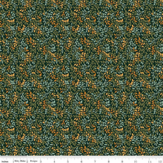 Image of Worth Repeating Leaves Dark Green quilting cotton fabric by Sandy Gervais for Riley Blake Designs. Features leaves on a green background. Cute Little Fabric Shop.
