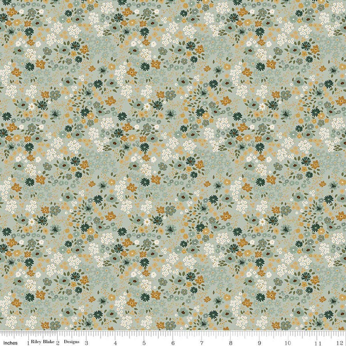 Image of Worth Repeating Flower Garden Laurel quilting cotton fabric by Sandy Gervais for Riley Blake Designs. Features flowers on a blue background. Cute Little Fabric Shop.