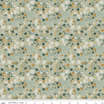 Image of Worth Repeating Flower Garden Laurel quilting cotton fabric by Sandy Gervais for Riley Blake Designs. Features flowers on a blue background. Cute Little Fabric Shop.