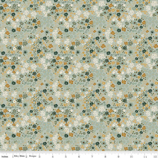 Image of Worth Repeating Flower Garden Laurel quilting cotton fabric by Sandy Gervais for Riley Blake Designs. Features flowers on a blue background. Cute Little Fabric Shop.