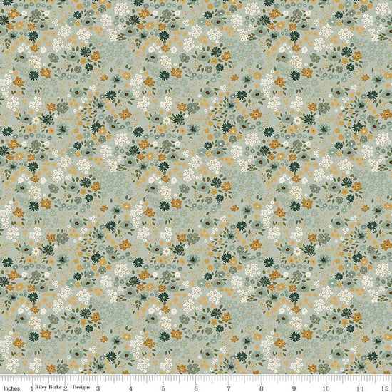 Image of Worth Repeating Flower Garden Laurel quilting cotton fabric by Sandy Gervais for Riley Blake Designs. Features flowers on a blue background. Cute Little Fabric Shop.