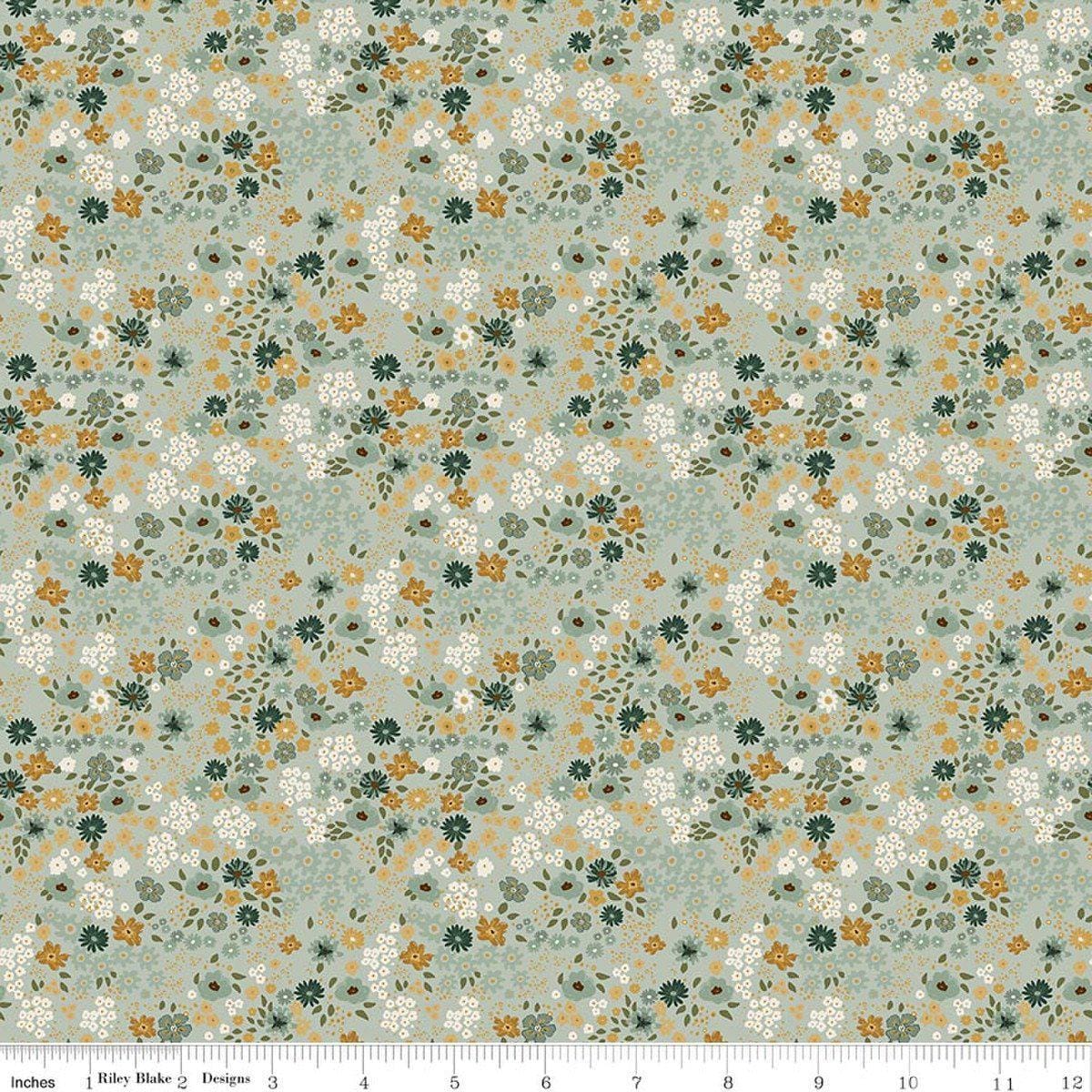 Image of Worth Repeating Flower Garden Laurel quilting cotton fabric by Sandy Gervais for Riley Blake Designs. Features flowers on a blue background. Cute Little Fabric Shop.