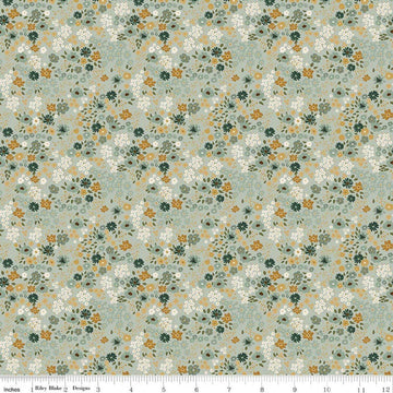 Image of Worth Repeating Flower Garden Laurel quilting cotton fabric by Sandy Gervais for Riley Blake Designs. Features flowers on a blue background. Cute Little Fabric Shop.