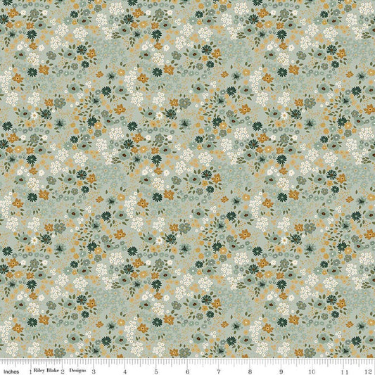 Image of Worth Repeating Flower Garden Laurel quilting cotton fabric by Sandy Gervais for Riley Blake Designs. Features flowers on a blue background. Cute Little Fabric Shop.