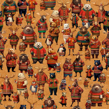 Image of Christmas Party Animals Allover Caramel quilting cotton fabric by Morris Creative Group for QT Fabrics. Features animals on a brown background. Cute Little Fabric Shop.