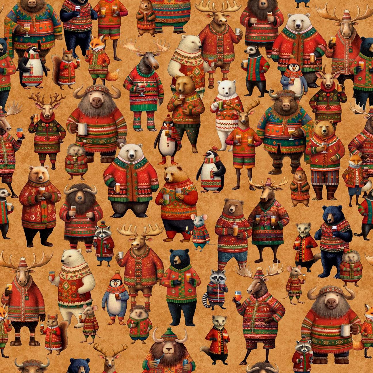 Image of Christmas Party Animals Allover Caramel quilting cotton fabric by Morris Creative Group for QT Fabrics. Features animals on a brown background. Cute Little Fabric Shop.