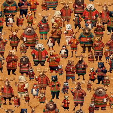 Image of Christmas Party Animals Allover Caramel quilting cotton fabric by Morris Creative Group for QT Fabrics. Features animals on a brown background. Cute Little Fabric Shop.