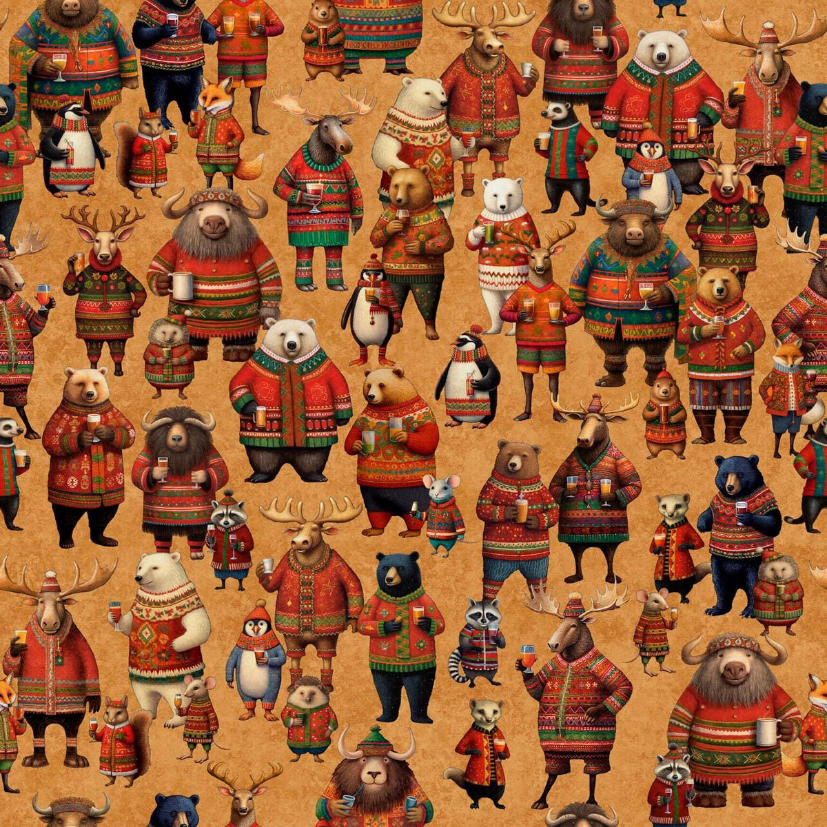 Image of Christmas Party Animals Allover Caramel quilting cotton fabric by Morris Creative Group for QT Fabrics. Features animals on a brown background. Cute Little Fabric Shop.