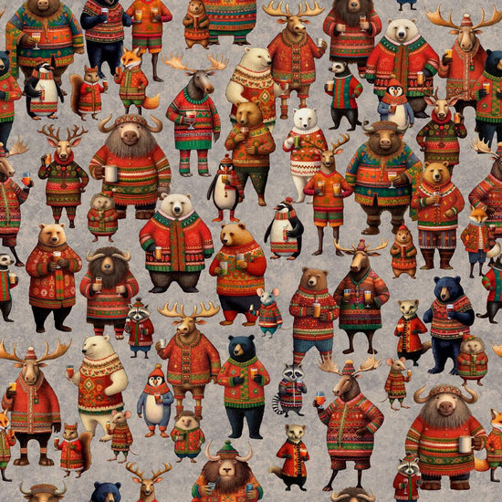 Image of Christmas Party Animals Allover Gray quilting cotton fabric by Morris Creative Group for QT Fabrics. Features animals on a gray background. Cute Little Fabric Shop.