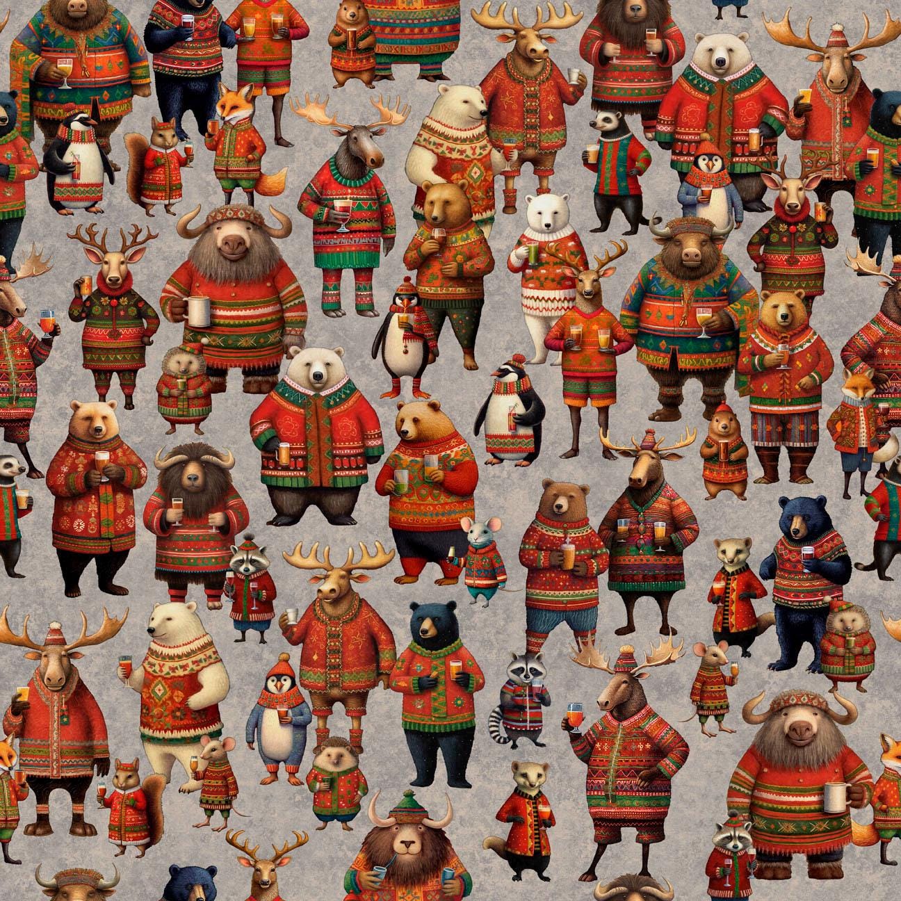 Image of Christmas Party Animals Allover Gray quilting cotton fabric by Morris Creative Group for QT Fabrics. Features animals on a gray background. Cute Little Fabric Shop.