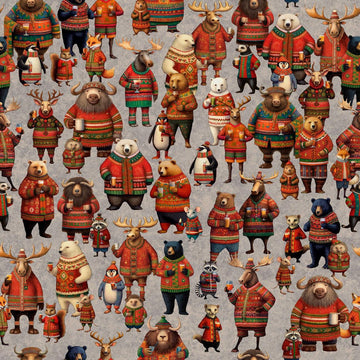 Image of Christmas Party Animals Allover Gray quilting cotton fabric by Morris Creative Group for QT Fabrics. Features animals on a gray background. Cute Little Fabric Shop.