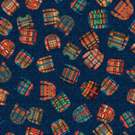 Image of Christmas Party Animals Sweater Toss Navy quilting cotton fabric by Morris Creative Group for QT Fabrics. Features sweaters on a blue background. Cute Little Fabric Shop.