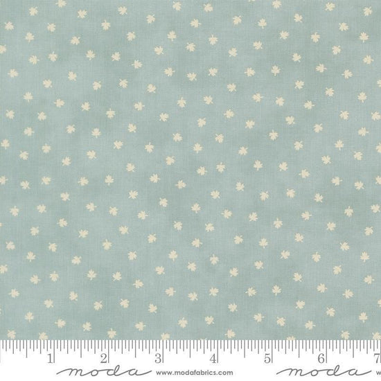 Image of Breathtaking Blues Tiny Leaf Sky quilting cotton fabric by 3 Sisters for Moda Fabrics. Features leaves on a blue background. Cute Little Fabric Shop.