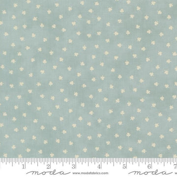 Image of Breathtaking Blues Tiny Leaf Sky quilting cotton fabric by 3 Sisters for Moda Fabrics. Features leaves on a blue background. Cute Little Fabric Shop.