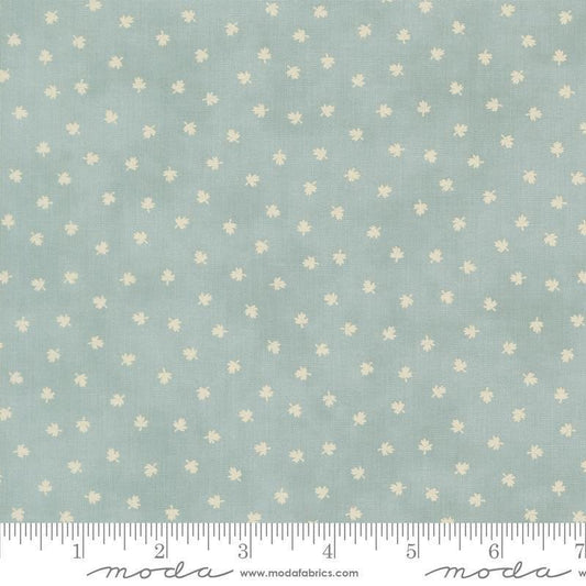 Image of Breathtaking Blues Tiny Leaf Sky quilting cotton fabric by 3 Sisters for Moda Fabrics. Features leaves on a blue background. Cute Little Fabric Shop.