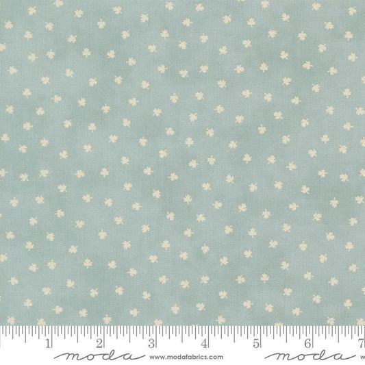 Image of Breathtaking Blues Tiny Leaf Sky quilting cotton fabric by 3 Sisters for Moda Fabrics. Features leaves on a blue background. Cute Little Fabric Shop.