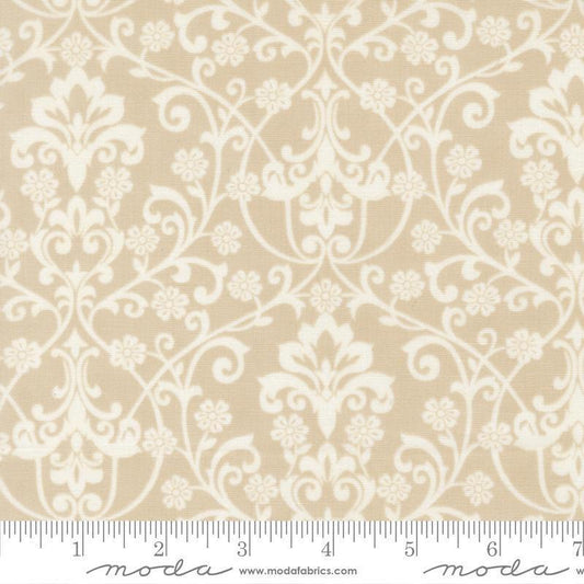 Image of Breathtaking Blues Damask Ecru quilting cotton fabric by 3 Sisters for Moda Fabrics. Features flowers on a cream background. Cute Little Fabric Shop.