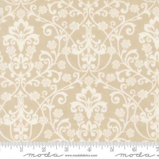 Image of Breathtaking Blues Damask Ecru quilting cotton fabric by 3 Sisters for Moda Fabrics. Features flowers on a cream background. Cute Little Fabric Shop.