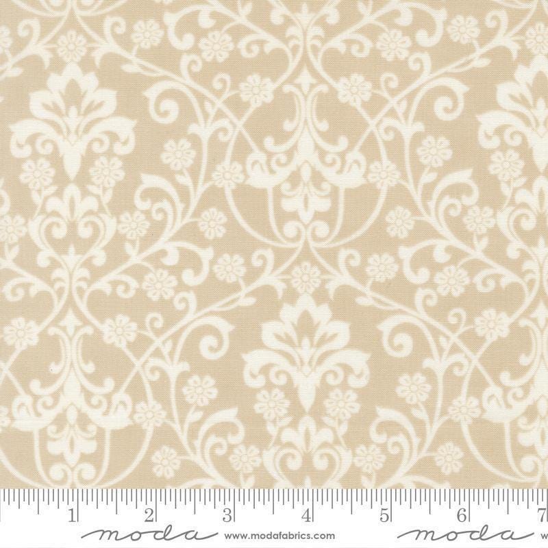 Image of Breathtaking Blues Damask Ecru quilting cotton fabric by 3 Sisters for Moda Fabrics. Features flowers on a cream background. Cute Little Fabric Shop.