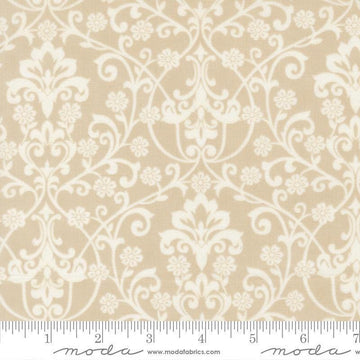 Image of Breathtaking Blues Damask Ecru quilting cotton fabric by 3 Sisters for Moda Fabrics. Features flowers on a cream background. Cute Little Fabric Shop.