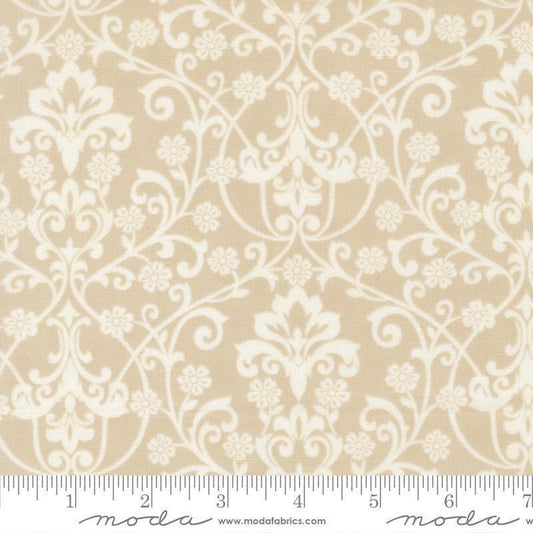 Image of Breathtaking Blues Damask Ecru quilting cotton fabric by 3 Sisters for Moda Fabrics. Features flowers on a cream background. Cute Little Fabric Shop.