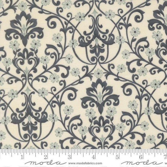 Image of Breathtaking Blues Damask Porcelain quilting cotton fabric by 3 Sisters for Moda Fabrics. Features flowers on a cream background. Cute Little Fabric Shop.