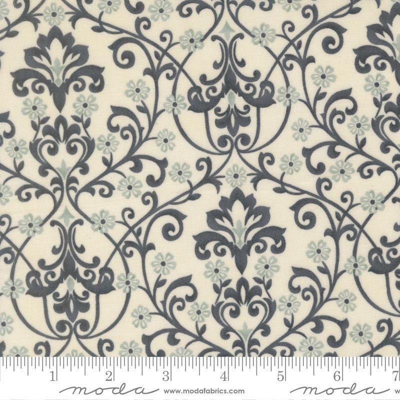 Image of Breathtaking Blues Damask Porcelain quilting cotton fabric by 3 Sisters for Moda Fabrics. Features flowers on a cream background. Cute Little Fabric Shop.