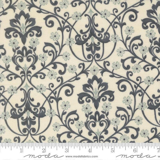 Image of Breathtaking Blues Damask Porcelain quilting cotton fabric by 3 Sisters for Moda Fabrics. Features flowers on a cream background. Cute Little Fabric Shop.