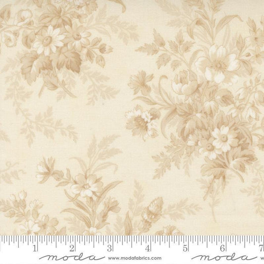 Image of Breathtaking Blues Bouquets Porcelain Ecru quilting cotton fabric by 3 Sisters for Moda Fabrics. Features flowers on a cream background. Cute Little Fabric Shop.