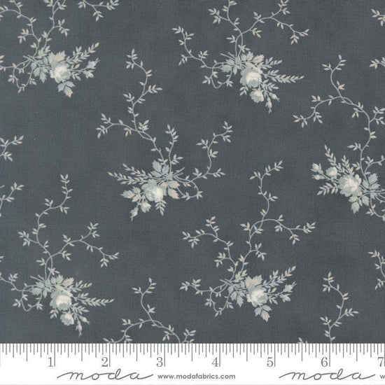 Image of Breathtaking Blues Rose Garden Dusk quilting cotton fabric by 3 Sisters for Moda Fabrics. Features flowers on a dark gray background. Cute Little Fabric Shop.