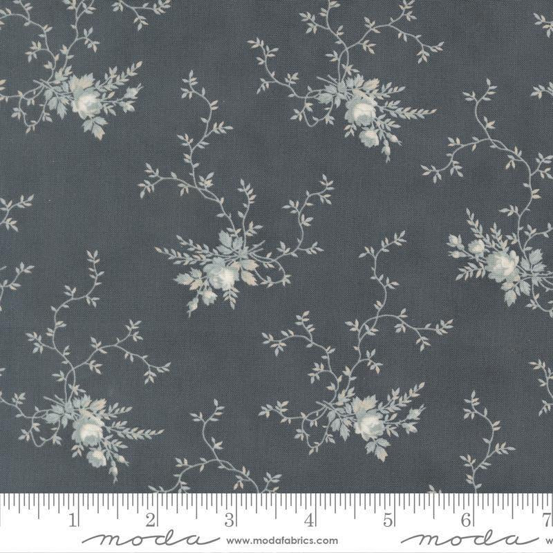 Image of Breathtaking Blues Rose Garden Dusk quilting cotton fabric by 3 Sisters for Moda Fabrics. Features flowers on a dark gray background. Cute Little Fabric Shop.