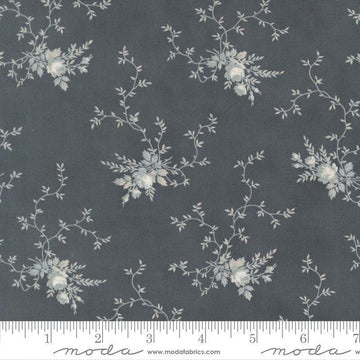 Image of Breathtaking Blues Rose Garden Dusk quilting cotton fabric by 3 Sisters for Moda Fabrics. Features flowers on a dark gray background. Cute Little Fabric Shop.